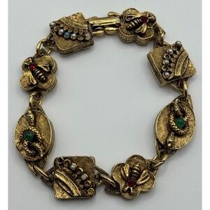 Vintage ART Arthur Pepper Bracelet Gold Tone Figural Snake Bee Link Rhinestone